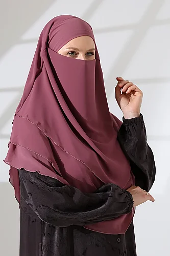Şifon Peçeli Üç Katlı Oval Sufle Khimar, Pratik Hijab Şal - Gül Kurusu (ZN1704) 