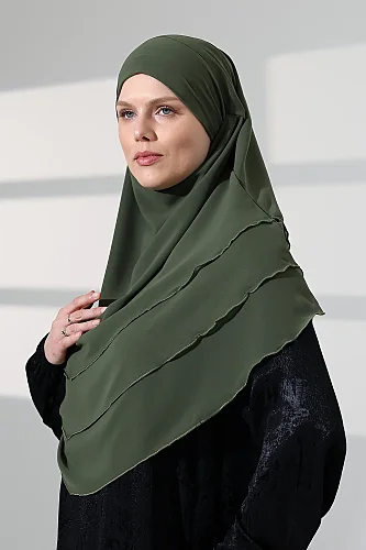 Tesettür Şifon Peçeli Üç Katlı Oval Sufle Khimar, Pratik Hijab Şal - Haki Yeşil (ZN1704) - 3