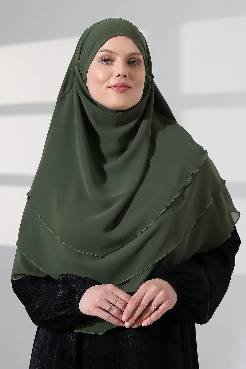 Tesettür Şifon Peçeli Üç Katlı Oval Sufle Khimar, Pratik Hijab Şal - Haki Yeşil (ZN1704) - 2