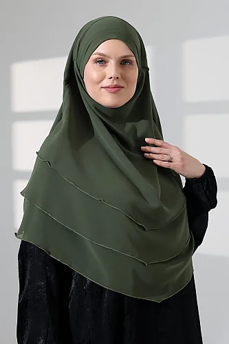 Tesettür Şifon Peçeli Üç Katlı Oval Sufle Khimar, Pratik Hijab Şal - Haki Yeşil (ZN1704) 