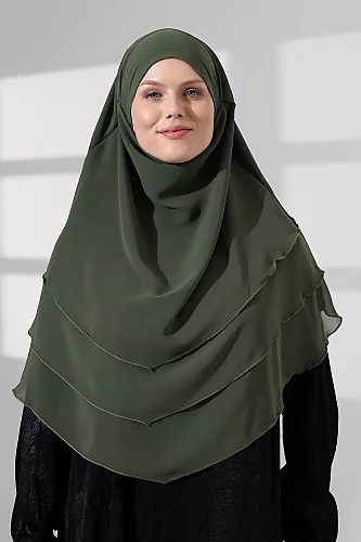 Tesettür Şifon Peçeli Üç Katlı Oval Sufle Khimar, Pratik Hijab Şal - Haki Yeşil (ZN1704) - 5
