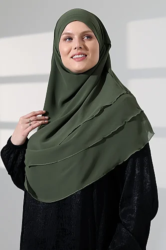 Tesettür Şifon Peçeli Üç Katlı Oval Sufle Khimar, Pratik Hijab Şal - Haki Yeşil (ZN1704) - 6