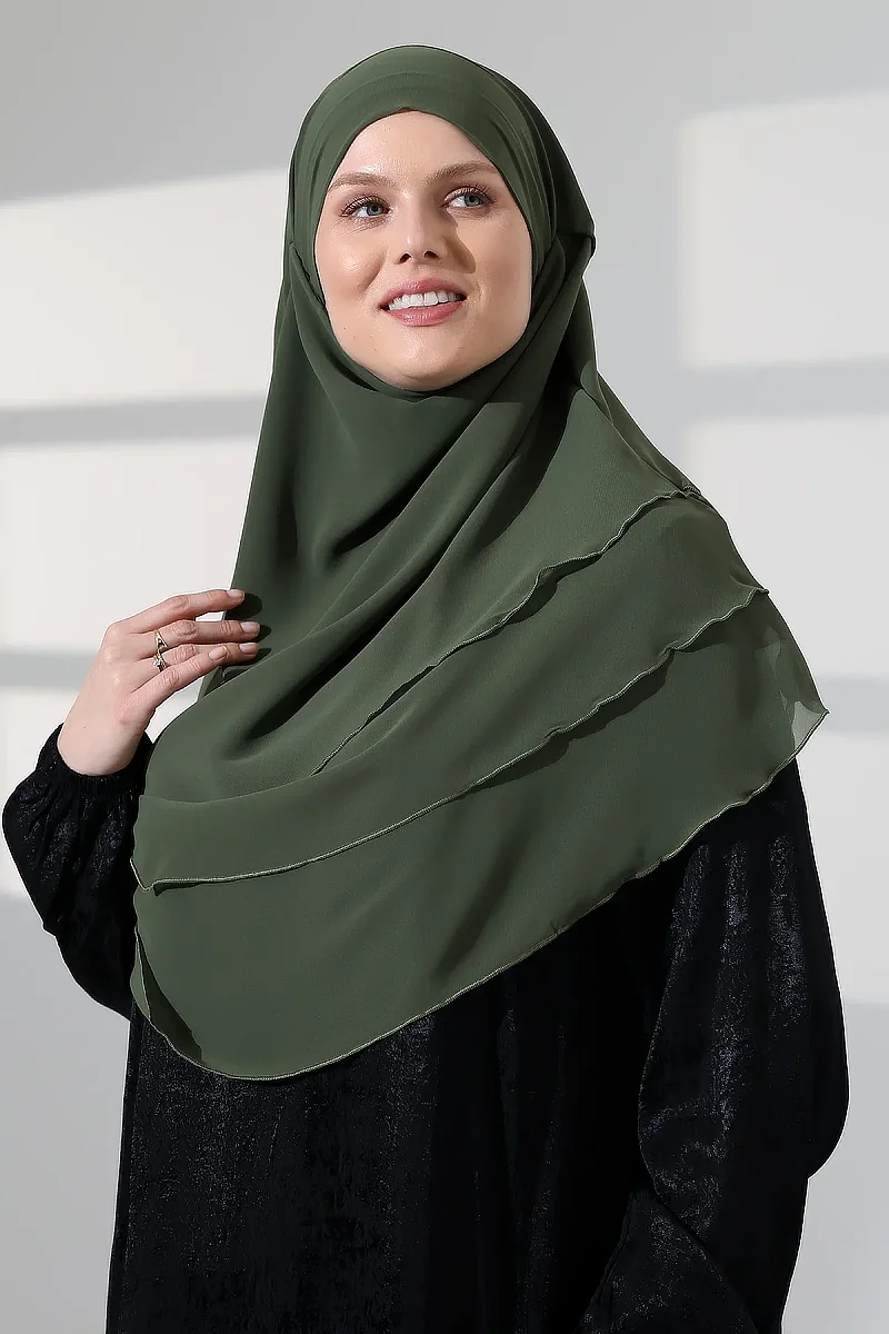 Tesettür Şifon Peçeli Üç Katlı Oval Sufle Khimar, Pratik Hijab Şal - Haki Yeşil (ZN1704) - 6