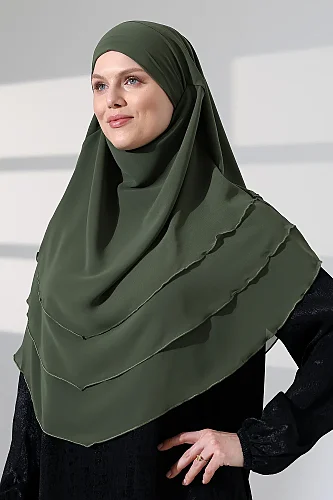 Tesettür Şifon Peçeli Üç Katlı Oval Sufle Khimar, Pratik Hijab Şal - Haki Yeşil (ZN1704) - 7