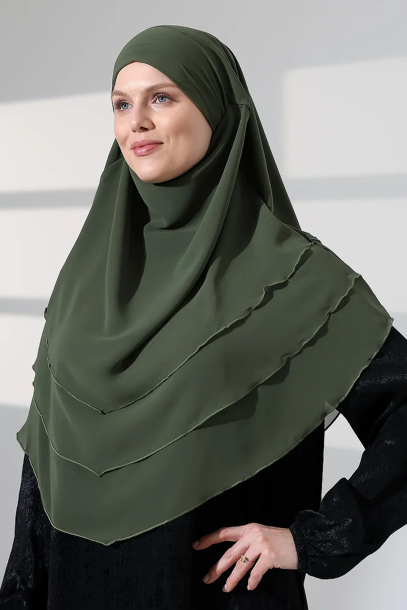 Tesettür Şifon Peçeli Üç Katlı Oval Sufle Khimar, Pratik Hijab Şal - Haki Yeşil (ZN1704) - 7