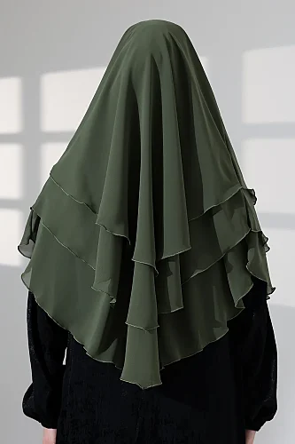 Tesettür Şifon Peçeli Üç Katlı Oval Sufle Khimar, Pratik Hijab Şal - Haki Yeşil (ZN1704) - 8