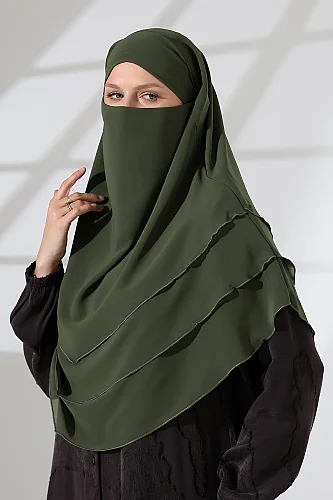Şifon Peçeli Üç Katlı Oval Sufle Khimar, Pratik Hijab Şal - Haki Yeşil (ZN1704) - 3