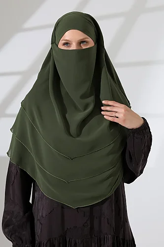 Şifon Peçeli Üç Katlı Oval Sufle Khimar, Pratik Hijab Şal - Haki Yeşil (ZN1704) - 5