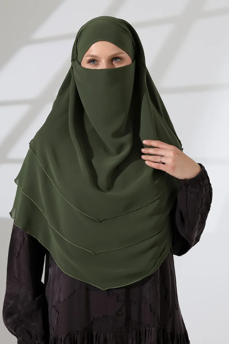Şifon Peçeli Üç Katlı Oval Sufle Khimar, Pratik Hijab Şal - Haki Yeşil (ZN1704) - 5