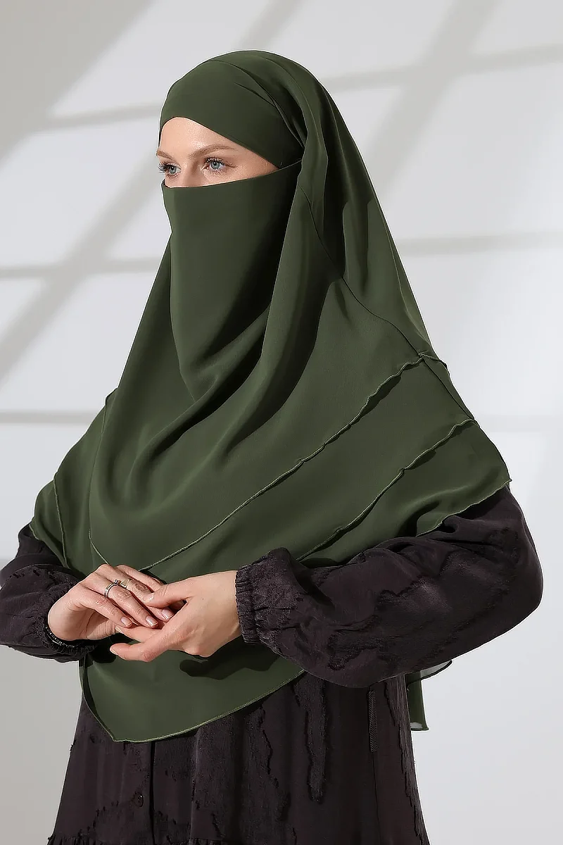 Şifon Peçeli Üç Katlı Oval Sufle Khimar, Pratik Hijab Şal - Haki Yeşil (ZN1704) - 12
