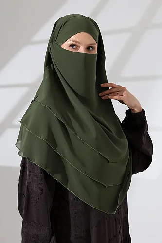 Şifon Peçeli Üç Katlı Oval Sufle Khimar, Pratik Hijab Şal - Haki Yeşil (ZN1704) 