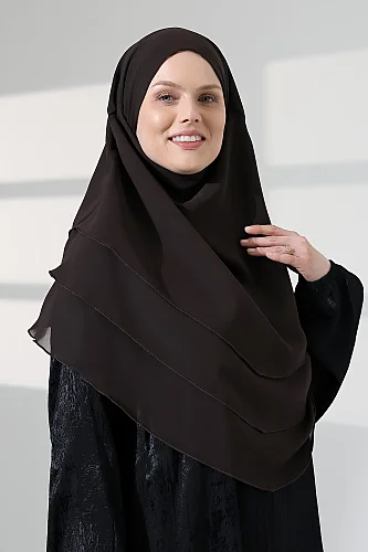 Tesettür Şifon Peçeli Üç Katlı Oval Sufle Khimar, Pratik Hijab Şal - Kahverengi (ZN1704) - 3