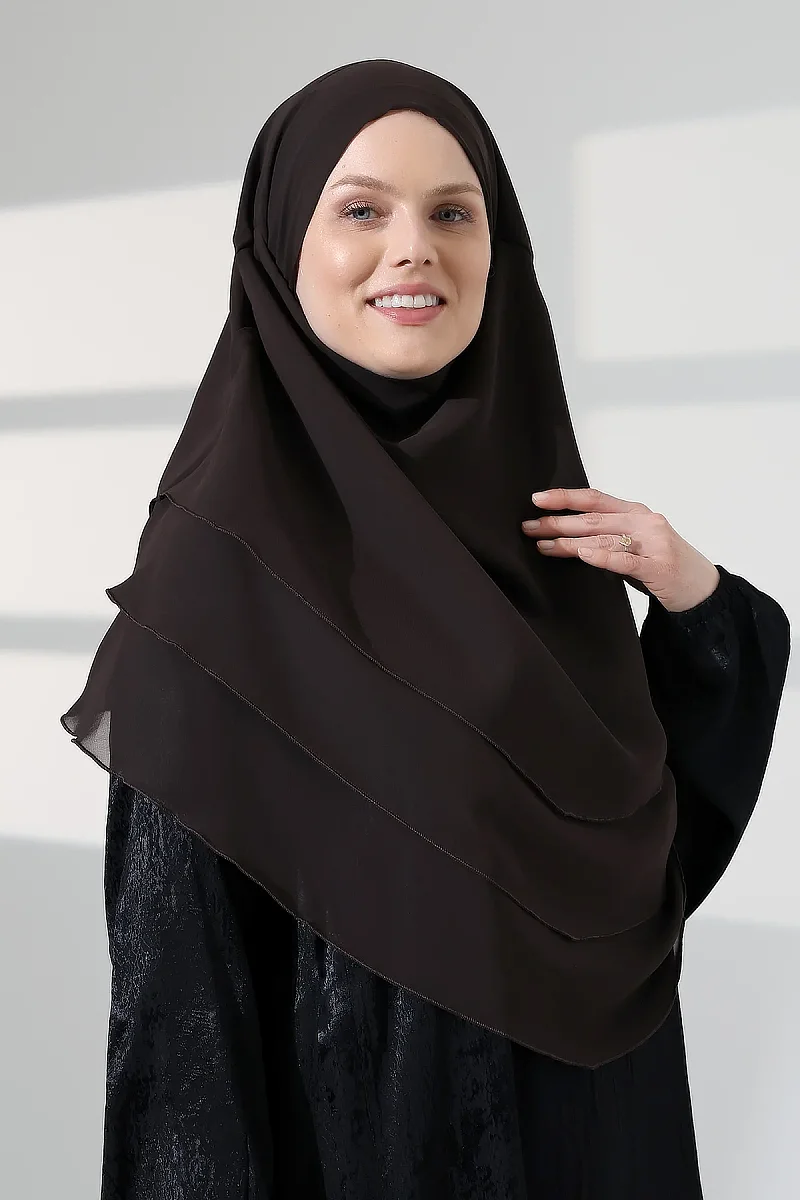 Tesettür Şifon Peçeli Üç Katlı Oval Sufle Khimar, Pratik Hijab Şal - Kahverengi (ZN1704) - 3