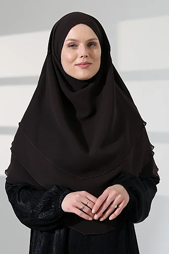 Tesettür Şifon Peçeli Üç Katlı Oval Sufle Khimar, Pratik Hijab Şal - Kahverengi (ZN1704) - ihvanonline (1)