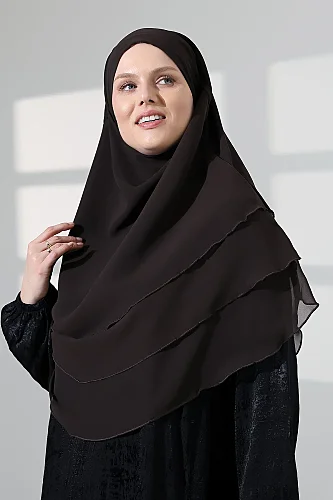 Tesettür Şifon Peçeli Üç Katlı Oval Sufle Khimar, Pratik Hijab Şal - Kahverengi (ZN1704) 