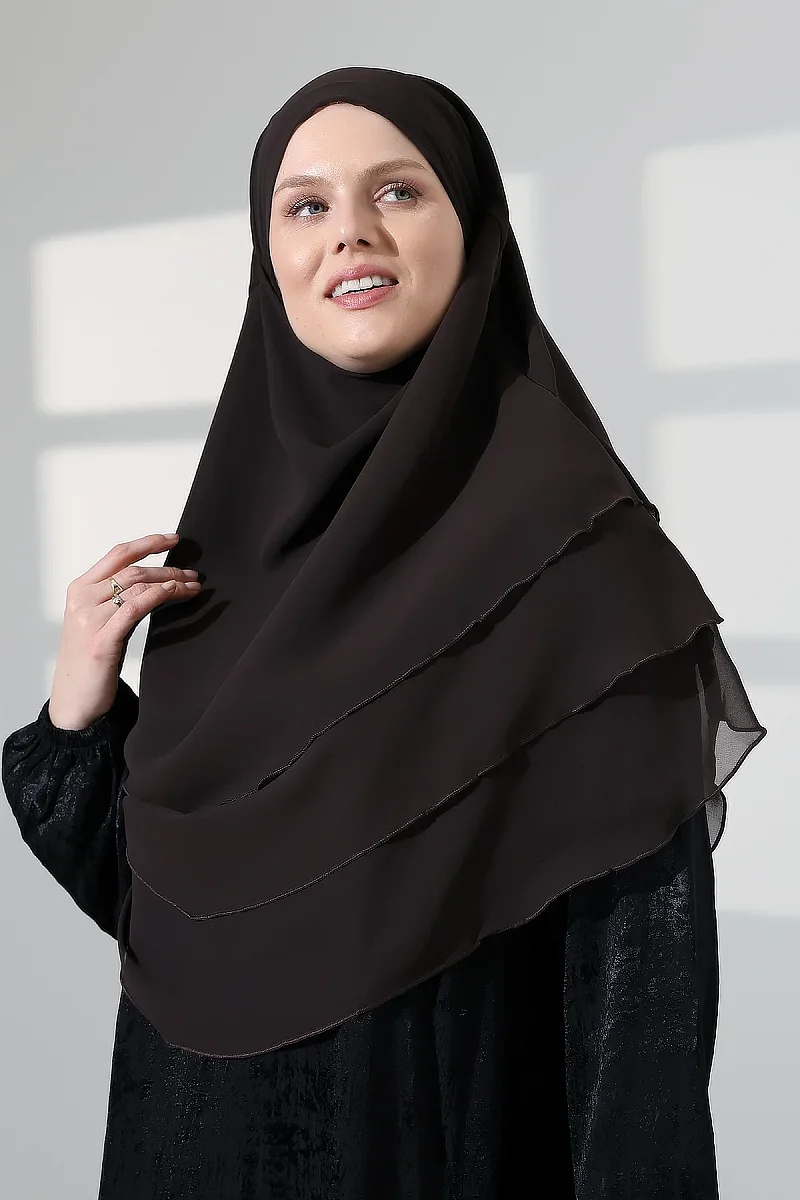 Tesettür Şifon Peçeli Üç Katlı Oval Sufle Khimar, Pratik Hijab Şal - Kahverengi (ZN1704) - 1