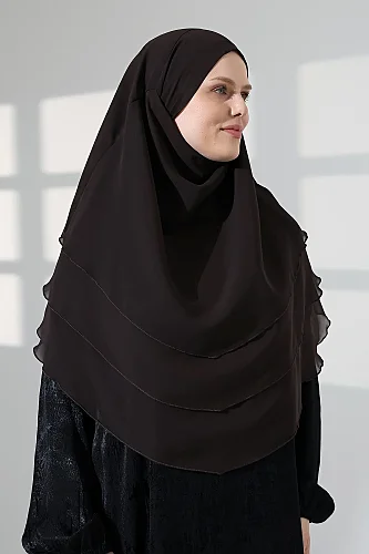Tesettür Şifon Peçeli Üç Katlı Oval Sufle Khimar, Pratik Hijab Şal - Kahverengi (ZN1704) - 4