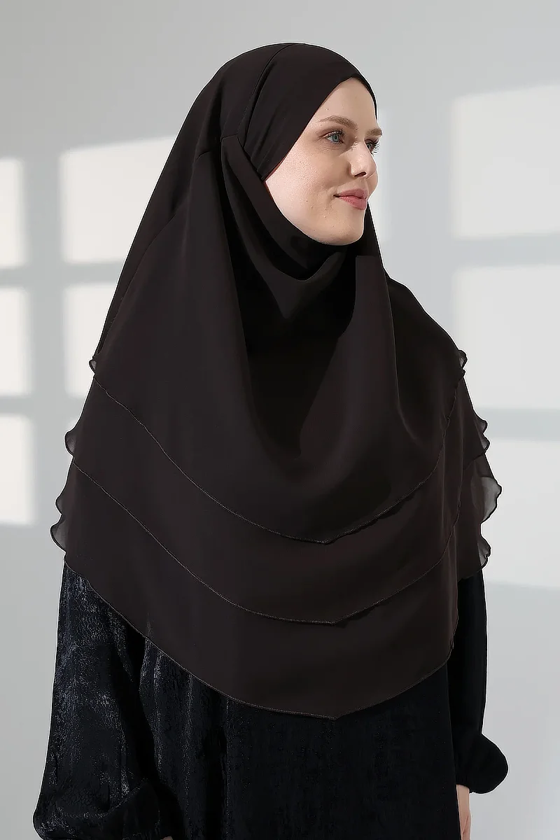 Tesettür Şifon Peçeli Üç Katlı Oval Sufle Khimar, Pratik Hijab Şal - Kahverengi (ZN1704) - 4