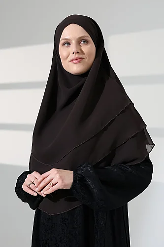 Tesettür Şifon Peçeli Üç Katlı Oval Sufle Khimar, Pratik Hijab Şal - Kahverengi (ZN1704) - 5