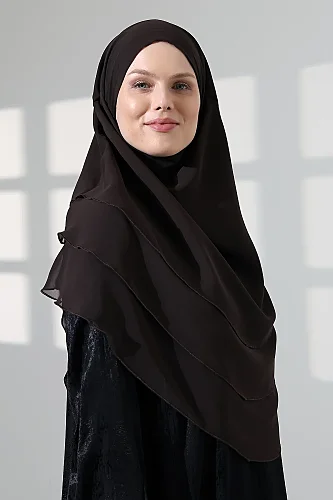Tesettür Şifon Peçeli Üç Katlı Oval Sufle Khimar, Pratik Hijab Şal - Kahverengi (ZN1704) - 7