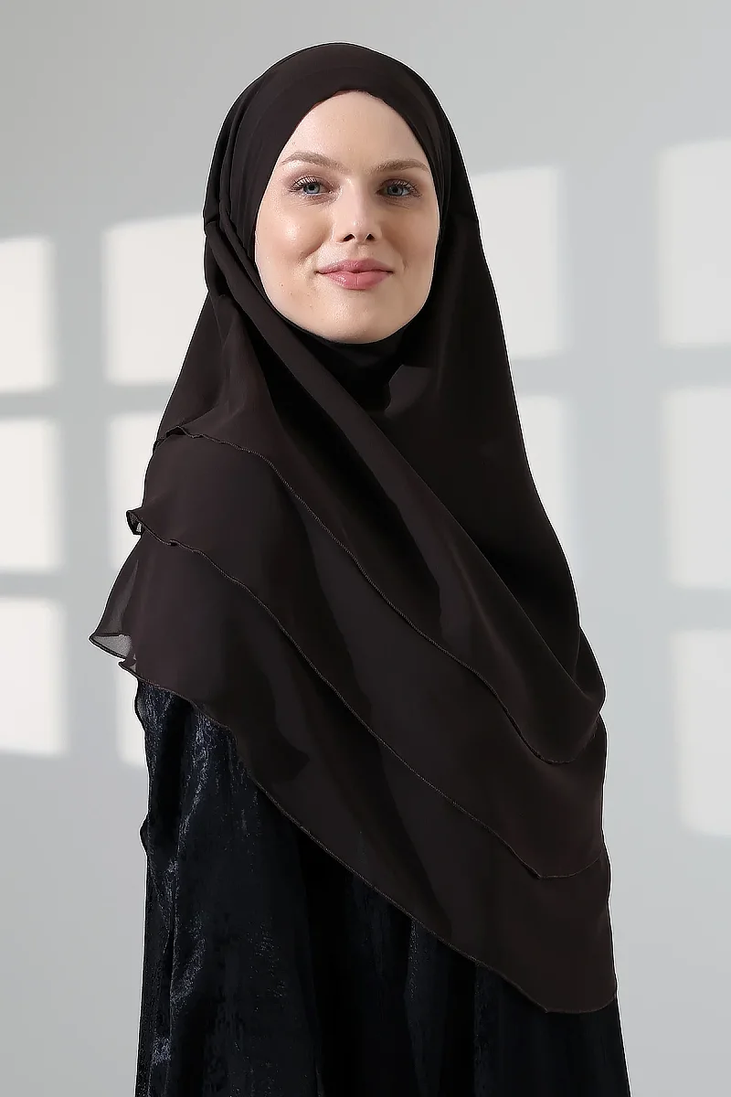 Tesettür Şifon Peçeli Üç Katlı Oval Sufle Khimar, Pratik Hijab Şal - Kahverengi (ZN1704) - 7