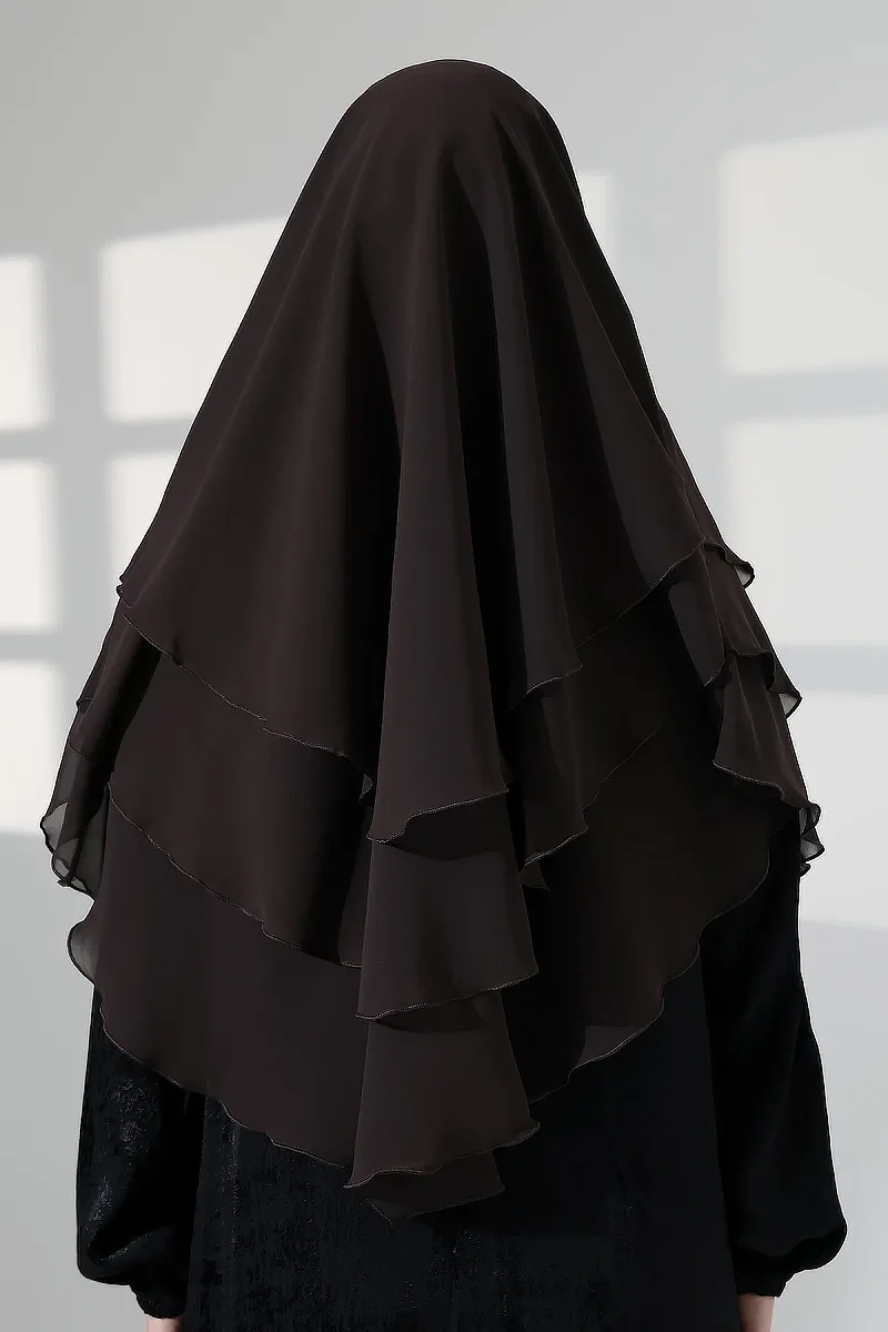 Tesettür Şifon Peçeli Üç Katlı Oval Sufle Khimar, Pratik Hijab Şal - Kahverengi (ZN1704) - 8