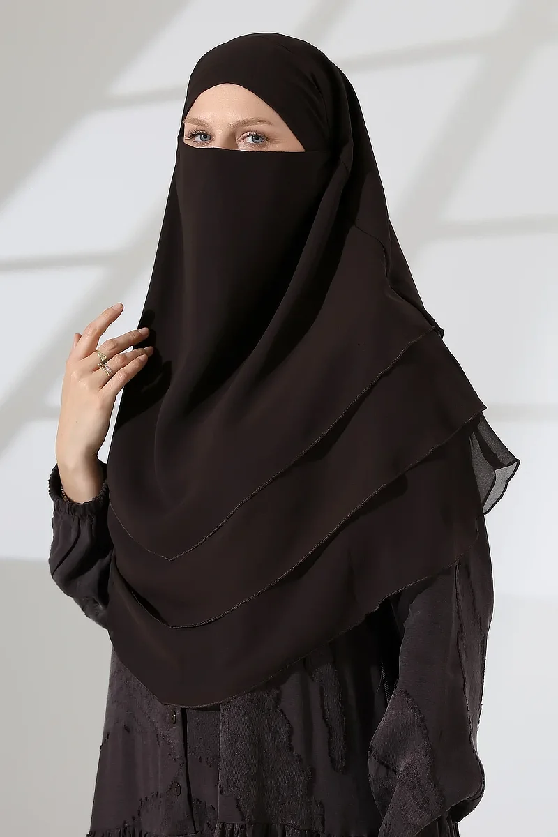 Şifon Peçeli Üç Katlı Oval Sufle Khimar, Pratik Hijab Şal - Kahverengi (ZN1704) - 3