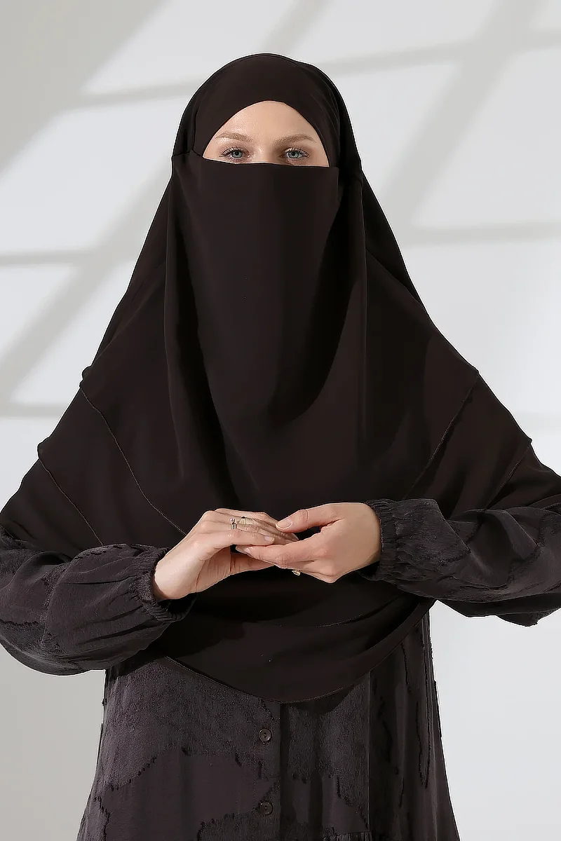 Şifon Peçeli Üç Katlı Oval Sufle Khimar, Pratik Hijab Şal - Kahverengi (ZN1704) - 4