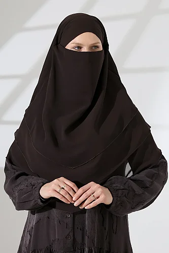 Şifon Peçeli Üç Katlı Oval Sufle Khimar, Pratik Hijab Şal - Kahverengi (ZN1704) - 6
