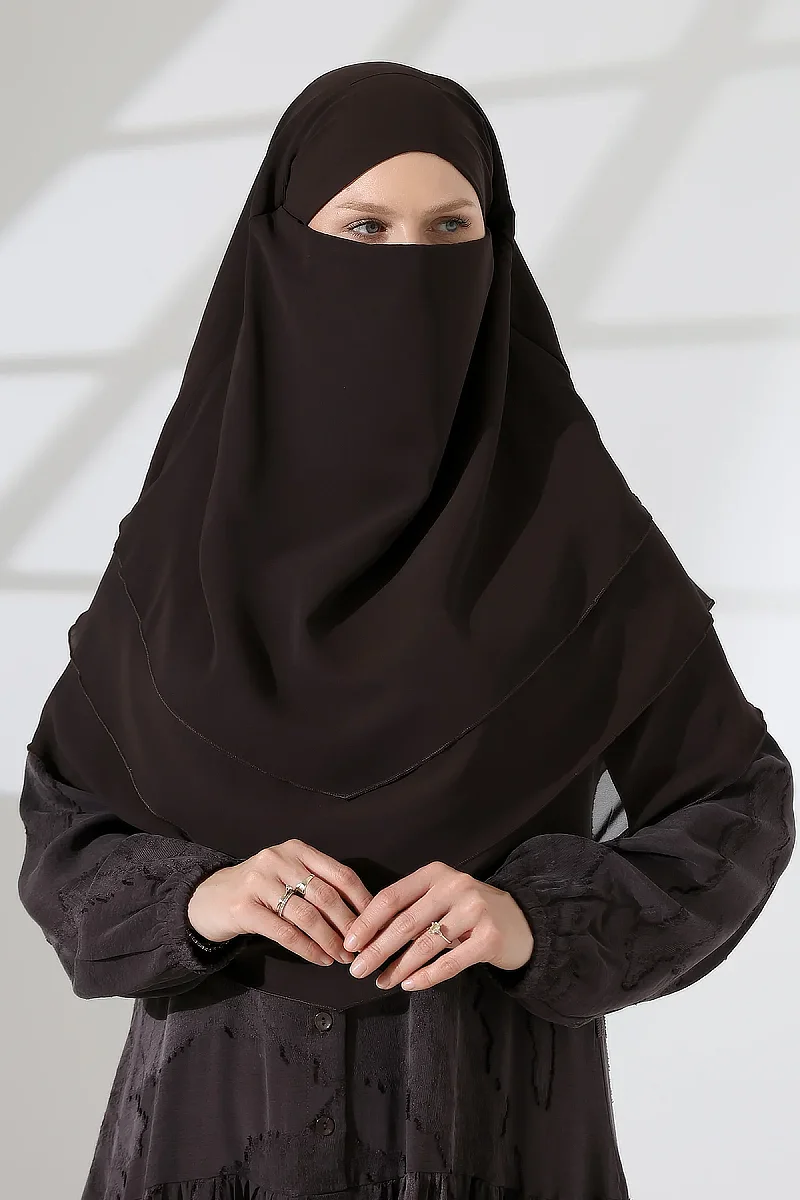 Şifon Peçeli Üç Katlı Oval Sufle Khimar, Pratik Hijab Şal - Kahverengi (ZN1704) - 6
