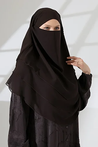 Şifon Peçeli Üç Katlı Oval Sufle Khimar, Pratik Hijab Şal - Kahverengi (ZN1704) 