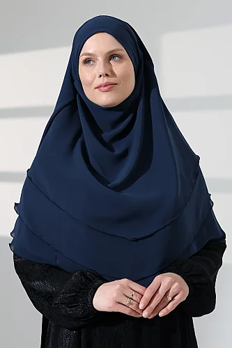Tesettür Şifon Peçeli Üç Katlı Oval Sufle Khimar, Pratik Hijab Şal - Lacivert (ZN1704) - 1