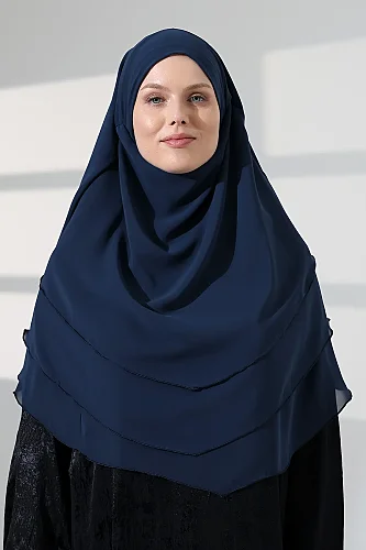 Tesettür Şifon Peçeli Üç Katlı Oval Sufle Khimar, Pratik Hijab Şal - Lacivert (ZN1704) - 4