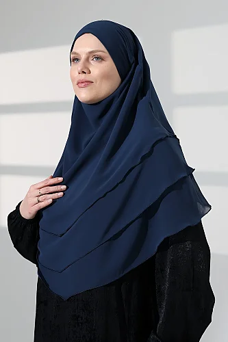 Tesettür Şifon Peçeli Üç Katlı Oval Sufle Khimar, Pratik Hijab Şal - Lacivert (ZN1704) - 5