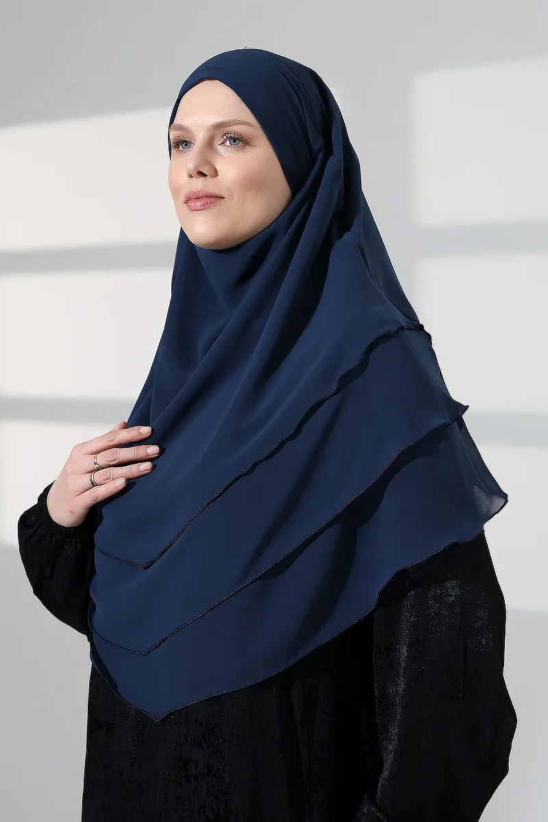 Tesettür Şifon Peçeli Üç Katlı Oval Sufle Khimar, Pratik Hijab Şal - Lacivert (ZN1704) - 5