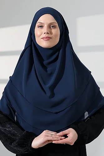 Tesettür Şifon Peçeli Üç Katlı Oval Sufle Khimar, Pratik Hijab Şal - Lacivert (ZN1704) - 6