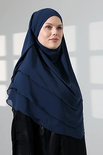 Tesettür Şifon Peçeli Üç Katlı Oval Sufle Khimar, Pratik Hijab Şal - Lacivert (ZN1704) - 7