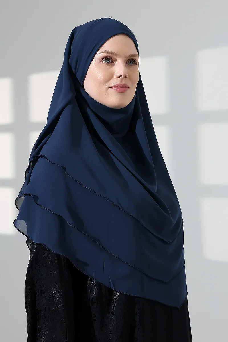 Tesettür Şifon Peçeli Üç Katlı Oval Sufle Khimar, Pratik Hijab Şal - Lacivert (ZN1704) - 7