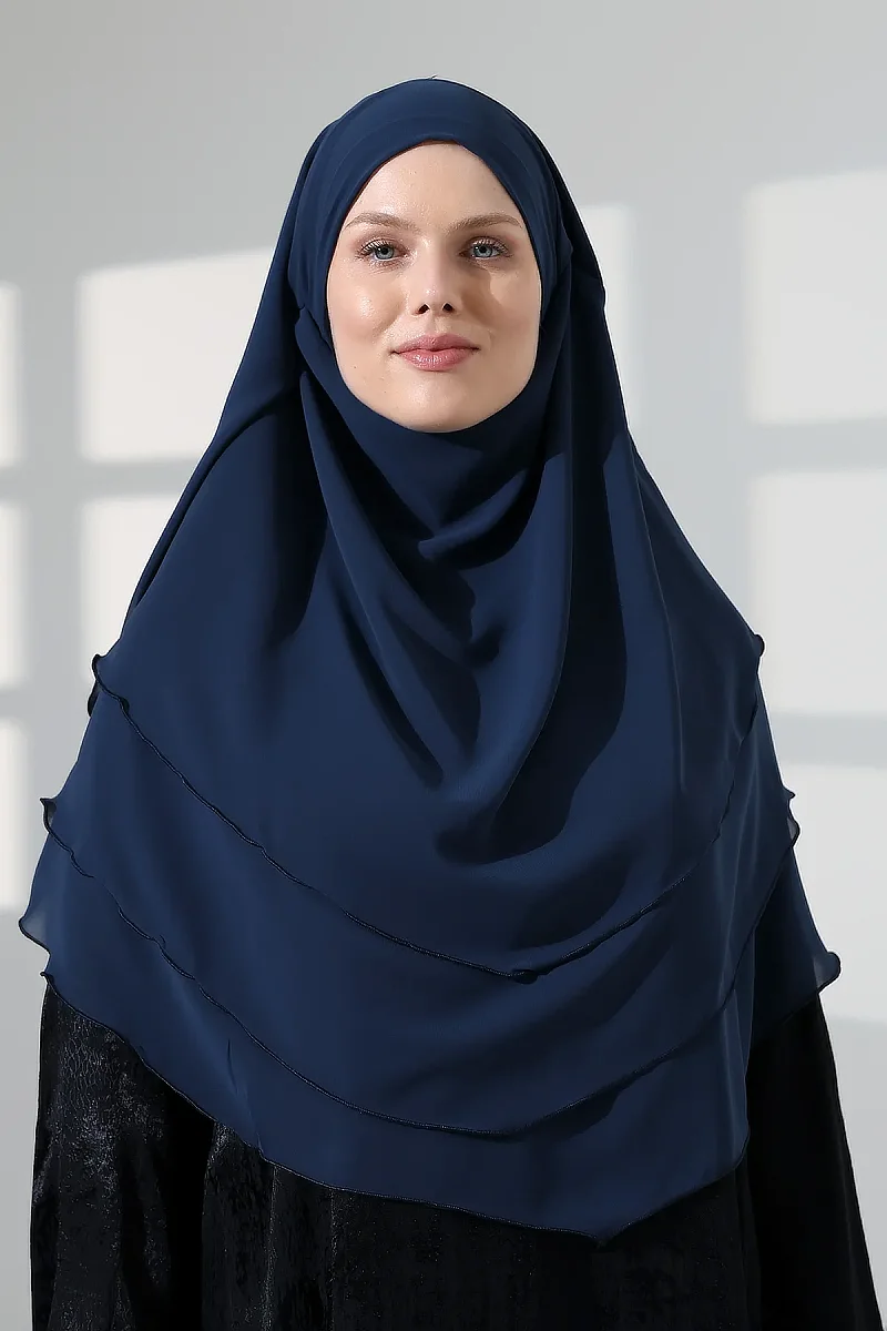 Tesettür Şifon Peçeli Üç Katlı Oval Sufle Khimar, Pratik Hijab Şal - Lacivert (ZN1704) - 9