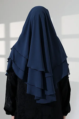 Tesettür Şifon Peçeli Üç Katlı Oval Sufle Khimar, Pratik Hijab Şal - Lacivert (ZN1704) - 10