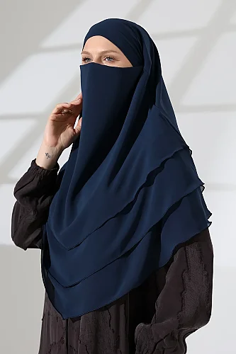 Tesettür Şifon Peçeli Üç Katlı Oval Sufle Khimar, Pratik Hijab Şal - Lacivert (ZN1704) - ihvanonline (1)