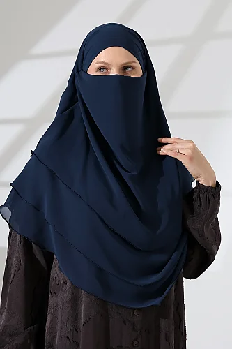 Tesettür Şifon Peçeli Üç Katlı Oval Sufle Khimar, Pratik Hijab Şal - Lacivert (ZN1704) - 3