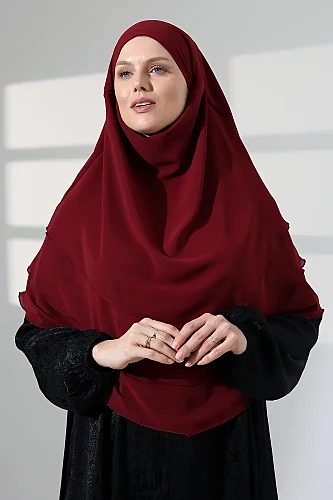 Tesettür Şifon Peçeli Üç Katlı Oval Sufle Khimar, Pratik Hijab Şal - Bordo (ZN1704) - 3