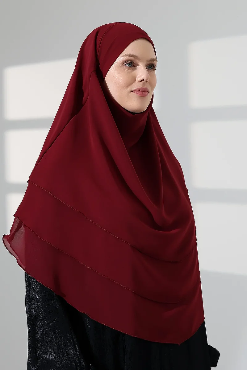 Tesettür Şifon Peçeli Üç Katlı Oval Sufle Khimar, Pratik Hijab Şal - Bordo (ZN1704) - 2