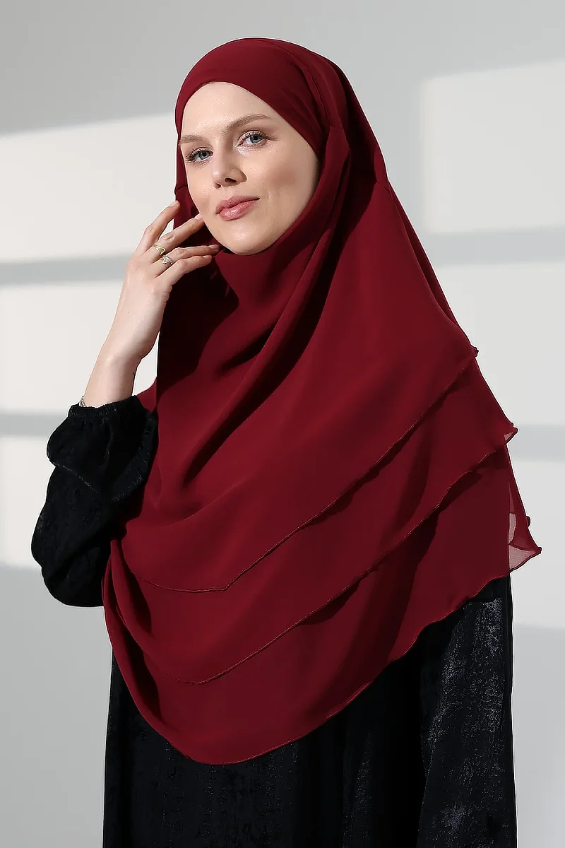 Tesettür Şifon Peçeli Üç Katlı Oval Sufle Khimar, Pratik Hijab Şal - Bordo (ZN1704) - 1