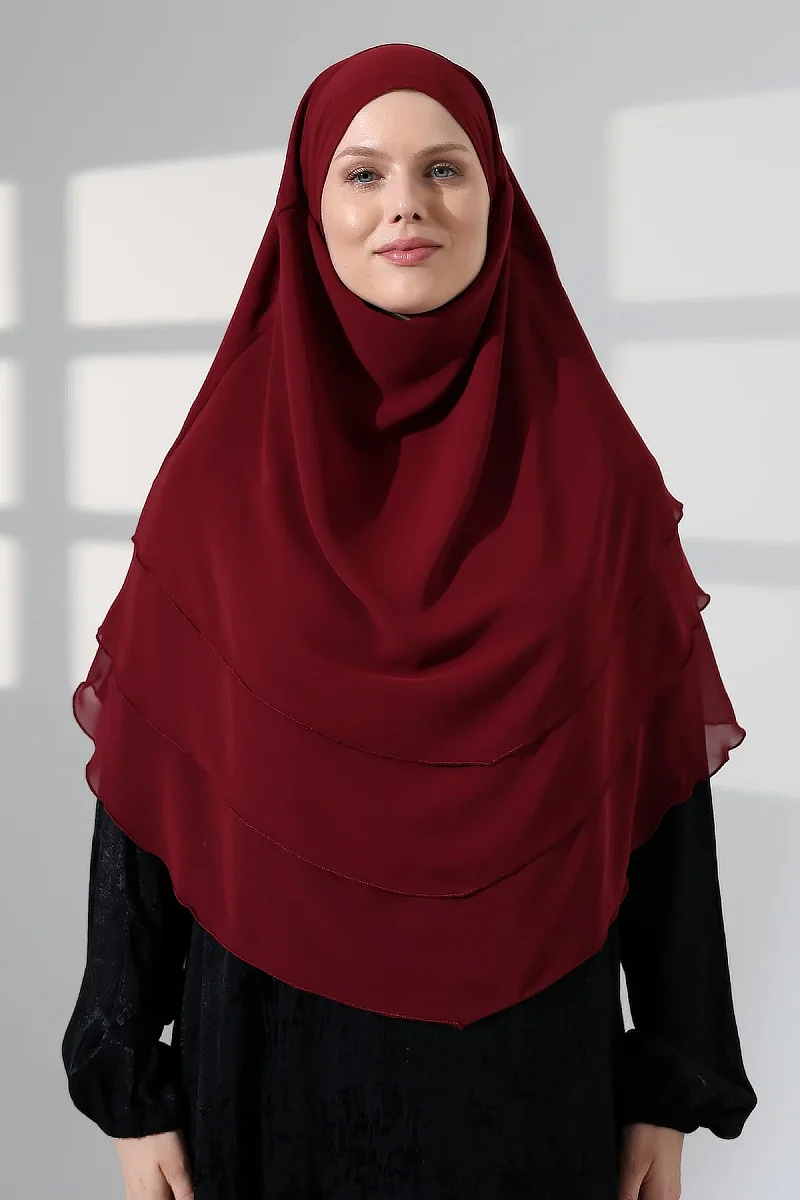 Tesettür Şifon Peçeli Üç Katlı Oval Sufle Khimar, Pratik Hijab Şal - Bordo (ZN1704) - 4
