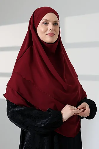 Tesettür Şifon Peçeli Üç Katlı Oval Sufle Khimar, Pratik Hijab Şal - Bordo (ZN1704) - 5
