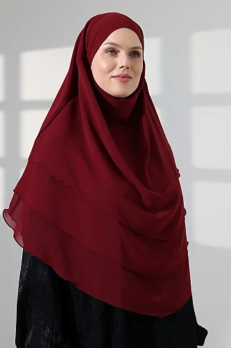 Tesettür Şifon Peçeli Üç Katlı Oval Sufle Khimar, Pratik Hijab Şal - Bordo (ZN1704) - 6