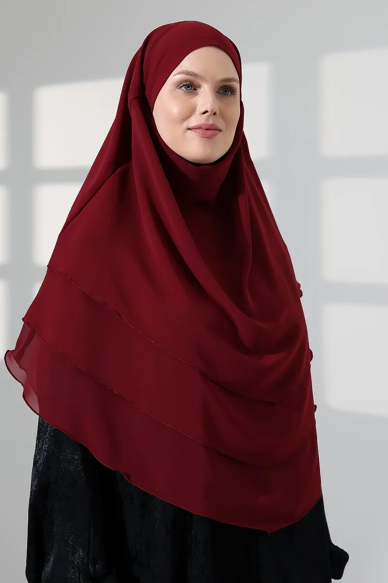 Tesettür Şifon Peçeli Üç Katlı Oval Sufle Khimar, Pratik Hijab Şal - Bordo (ZN1704) - 6