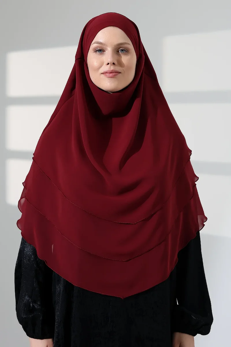Tesettür Şifon Peçeli Üç Katlı Oval Sufle Khimar, Pratik Hijab Şal - Bordo (ZN1704) - 7
